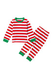 Crew Neck Long Sleeve Stripe Christmas Kids Pajama Suit Red