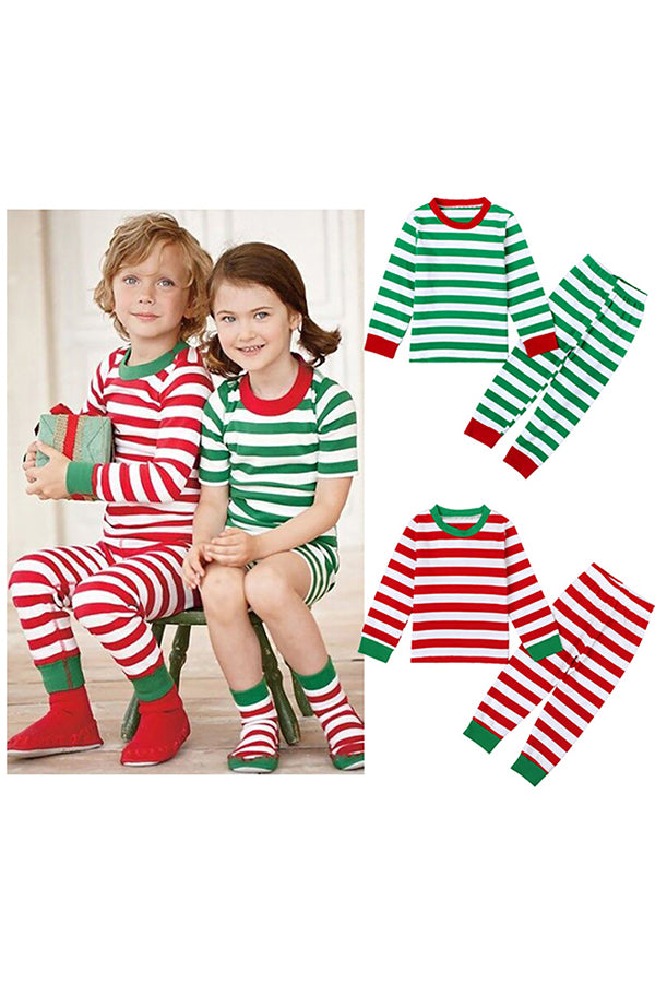 Crew Neck Long Sleeve Stripe Christmas Kids Pajama Suit Red