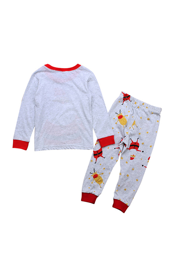 Crew Neck Long Sleeve Santa Claus Print Christmas Kids Pajama Suit Gray
