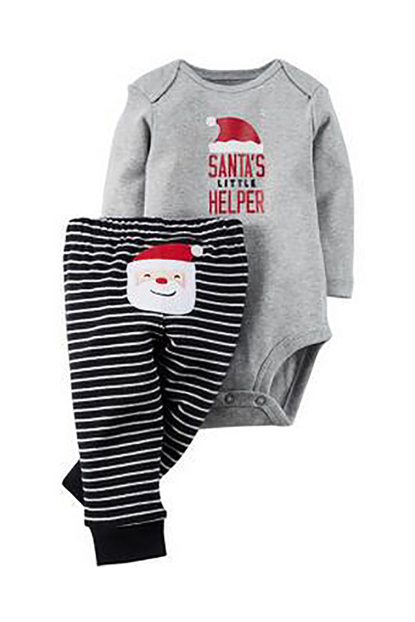 Crew Neck Long Sleeve Santa Claus Print Christmas Infant Pajama Black