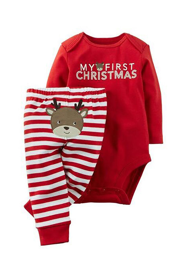 Crew Neck Long Sleeve Santa Claus Print Christmas Infant Pajama Suit Red