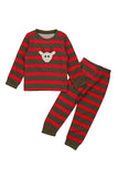 Cute Long Sleeve Reindeer Print Stripe Christmas Kids Pajama Suit Red