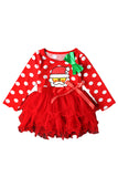 Long Sleeve Polka Dot Santa Print Kids Christmas Costume Dress Red
