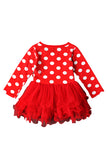 Long Sleeve Polka Dot Santa Print Kids Christmas Costume Dress Red