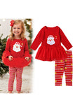 Long Sleeve Santa Print Dress Stripe Pants Kids Christmas Costume Red