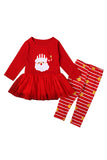Long Sleeve Santa Print Dress Stripe Pants Kids Christmas Costume Red