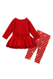Long Sleeve Santa Print Dress Stripe Pants Kids Christmas Costume Red