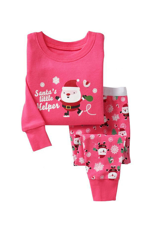 Long Sleeve Santa Snowflake Trees Print Christmas Kids Girls Pajama Pink
