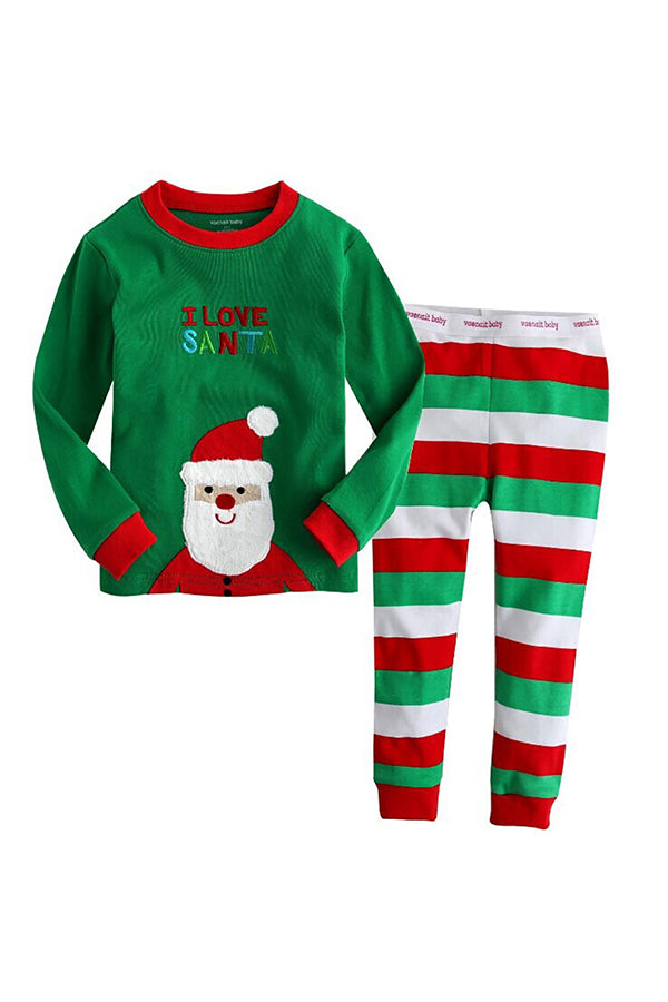 Long Sleeve Cute Carton Santa Print Kids Christmas Pajamas Suit Green