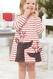 Cute Crew Neck Long Sleeve Stripe Christmas Reindeer Print Dress Pink