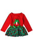 Cute Long Sleeve Kids Girls Christmas Tree Lace Dress Red