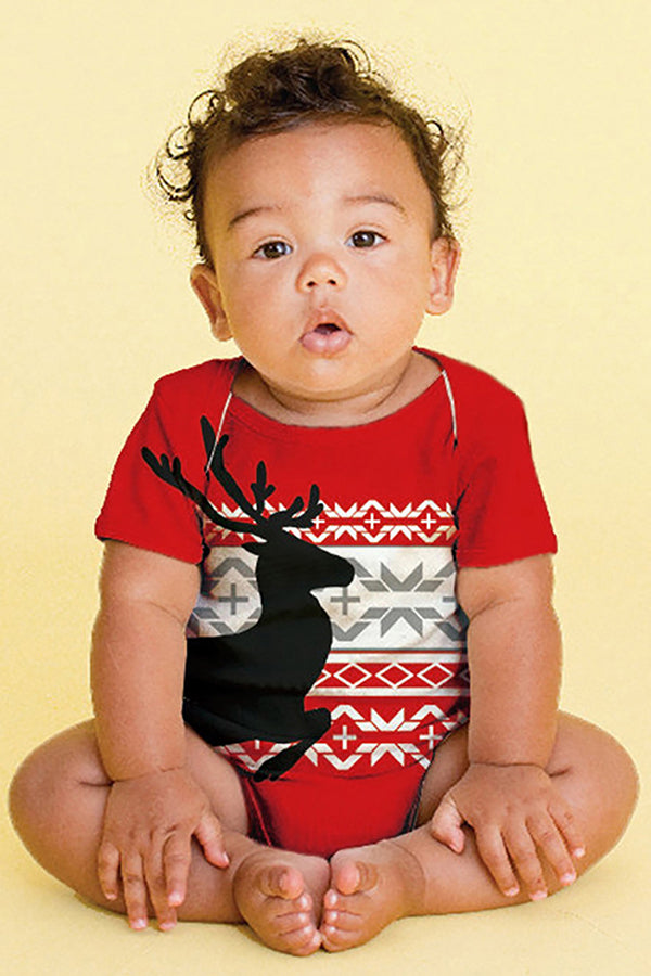 Crew Neck Short Sleeve Infant Reindeer Print Christmas Bodysuit Red