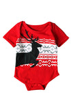 Crew Neck Short Sleeve Infant Reindeer Print Christmas Bodysuit Red