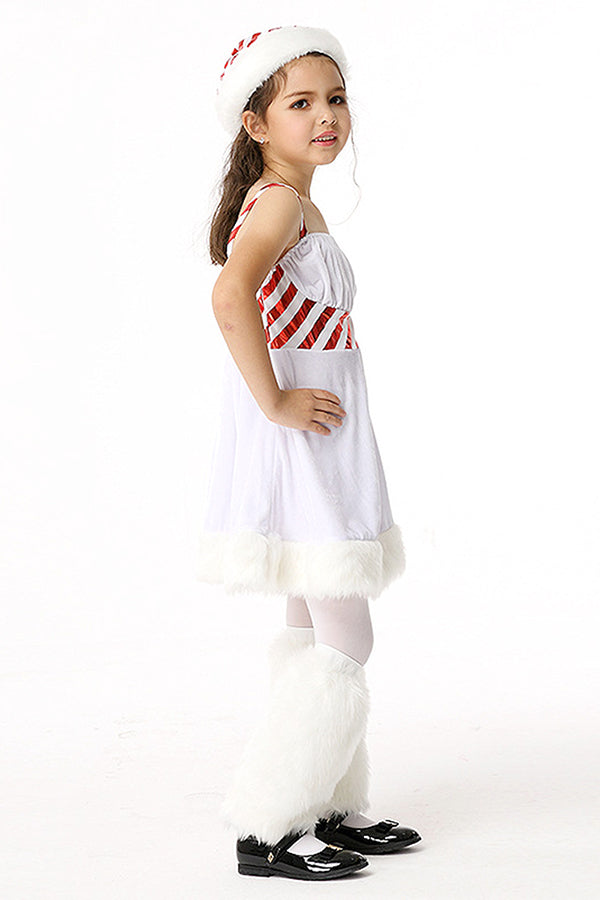Cute Kids Girls Lollipop Christmas Dress Fur Snowman Costume White