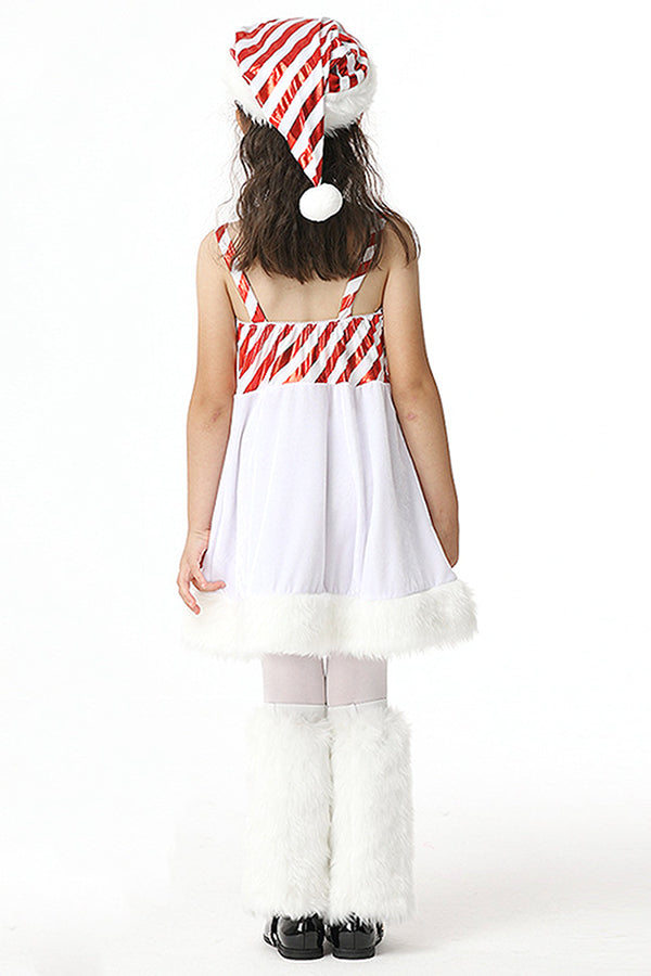 Cute Kids Girls Lollipop Christmas Dress Fur Snowman Costume White