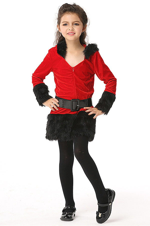 Fur Trim Hooded V Neck Christmas Dress Kids Girls Santa Claus Costume