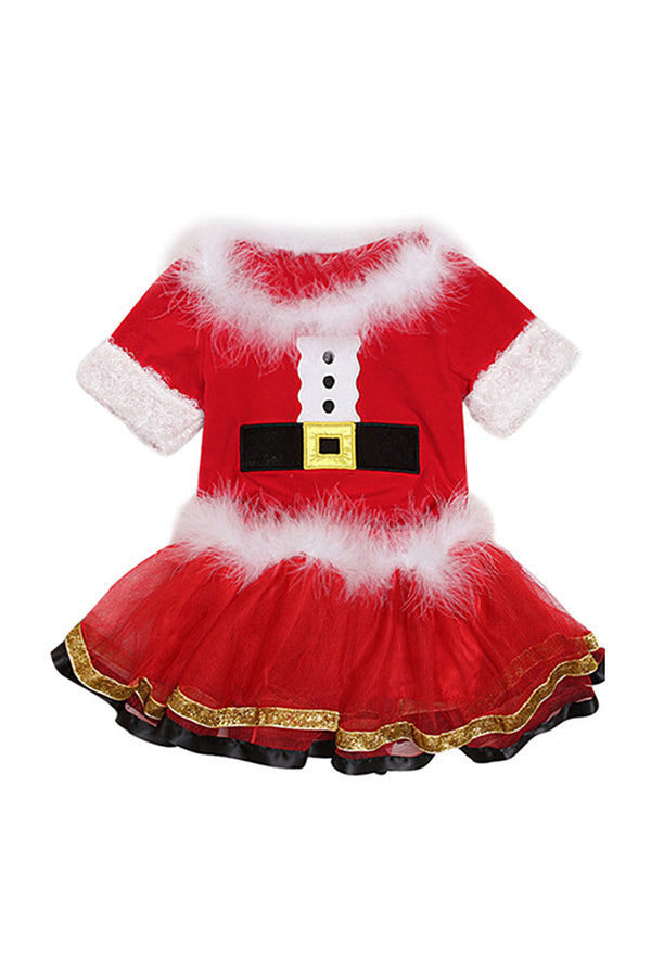 Short Sleeve Fur Trim Christmas Dress Kids Girls Santa Costume Red