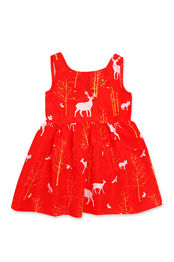 Cute V Neck Sleeveless Reindeer Print Kids Girls Christmas Dress Red