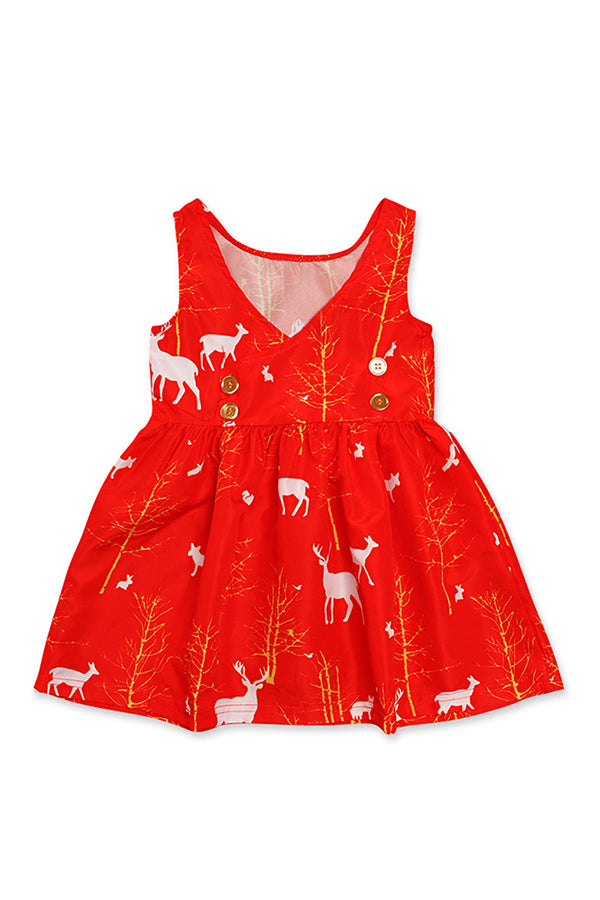 Cute V Neck Sleeveless Reindeer Print Kids Girls Christmas Dress Red