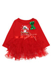 Crew Neck Long Sleeve Owl Print Lace Kids Girls Christmas Dress Red