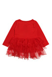 Crew Neck Long Sleeve Owl Print Lace Kids Girls Christmas Dress Red