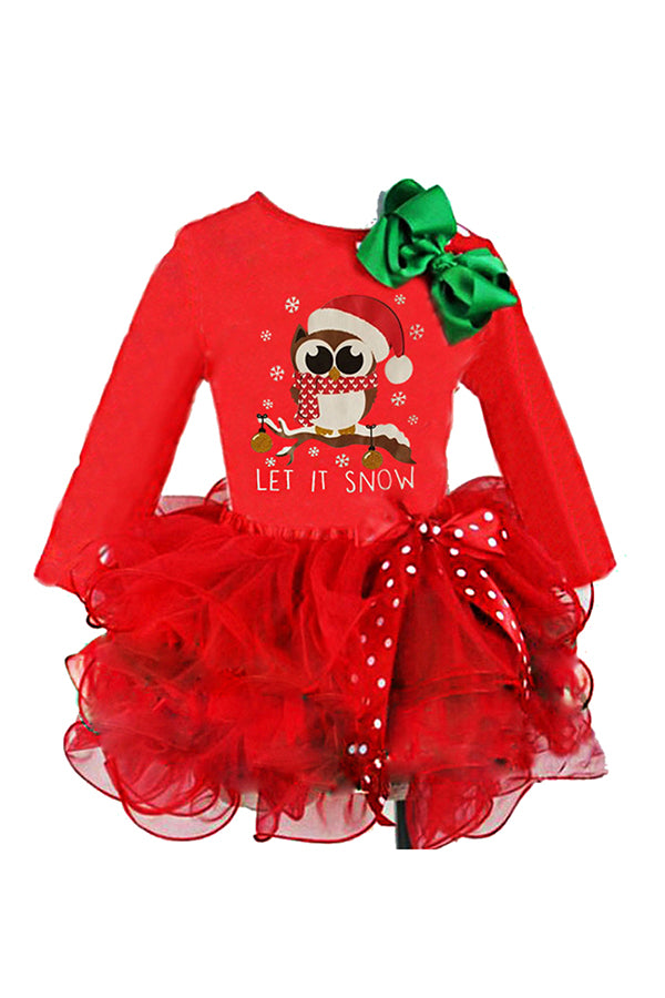 Crew Neck Long Sleeve Owl Print Lace Kids Girls Christmas Dress Red