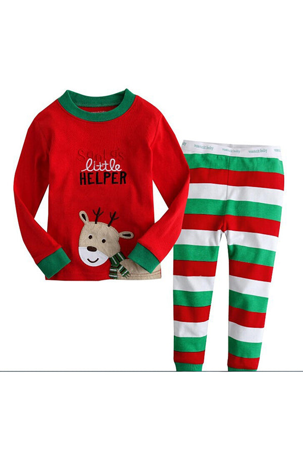 Long Sleeve Santa Helper Reindeer Print Stripe Kids Christmas Pajama