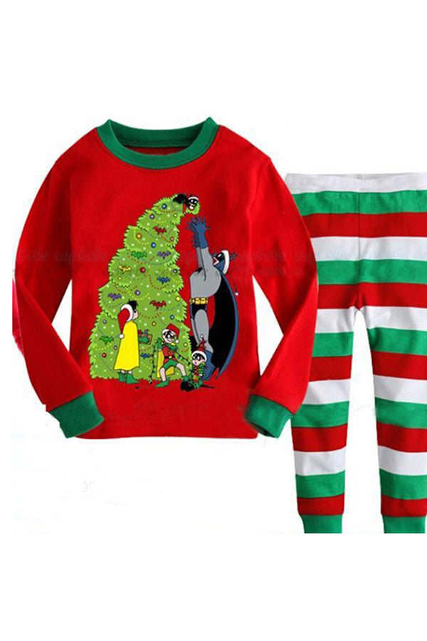Long Sleeve Christmas Tree Print Stripe Cartoon Kids Pajama Red