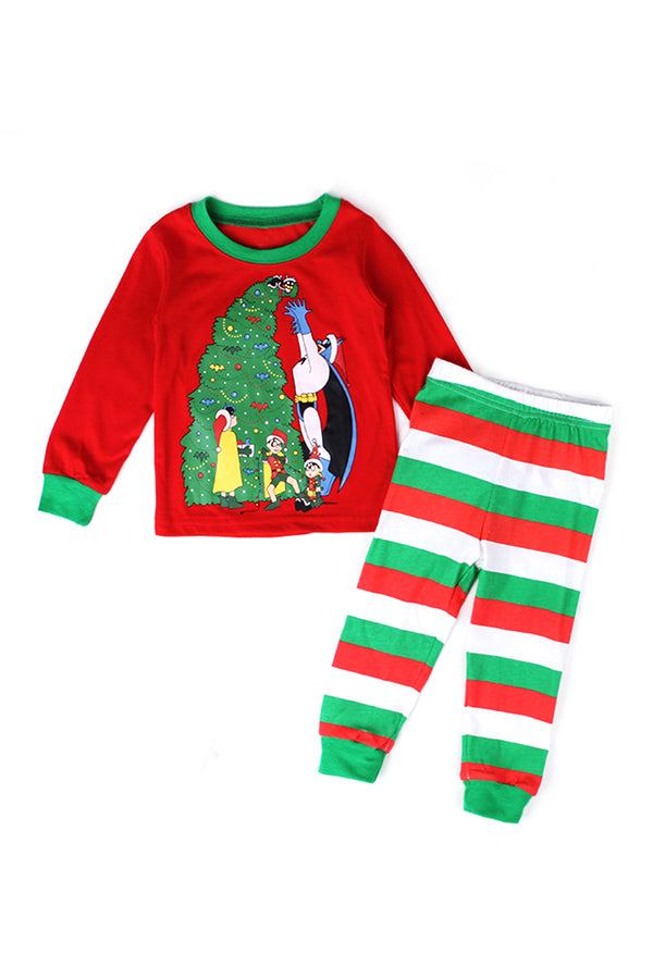 Pyjama Enfant Manches Longues Imprimé Sapin de Noël Bande Dessinée Dessin Animé Rouge