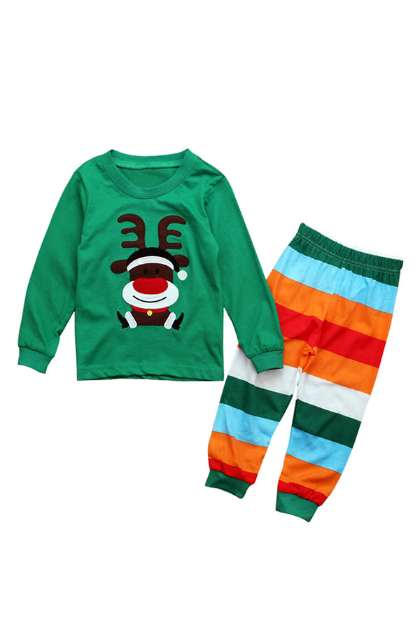 Long Sleeve Cartoon Reindeer Print Kids Boys Christmas Pajama Green