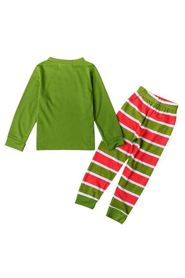Long Sleeve Cartoon Santa Print Stripe Kids Boys Christmas Pajama Green