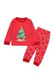 Long Sleeve Christmas Tree Snowflake Print Kids Girls Pajama Red