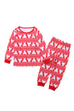 Crew Neck Long Sleeve Bear Print Kids Girls Christmas Pajama Red
