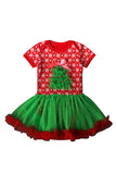 Short Sleeve Snowflake Print Baby Girls Christmas Tree Dress Green