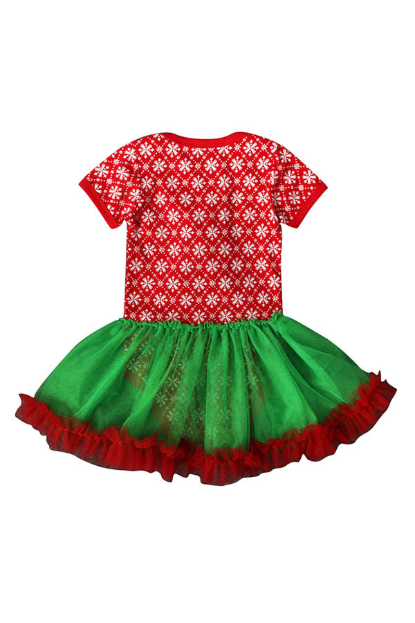 Short Sleeve Snowflake Print Baby Girls Christmas Tree Dress Green