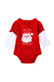 Cute Long Sleeve Color Block Santa Print Christmas Baby Girls Romper Red