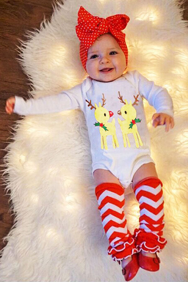Christmas Infant Girls Reindeer Print Romper+Stripe Leg Warmers Red