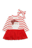 Long Sleeve Santa Print Stripe Lace Christmas Dress For Kids Girls Red