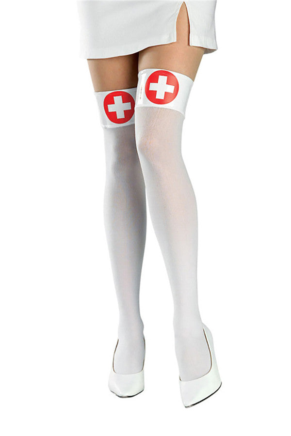 Sexy Doctor Nurse Knee High Stockings For Halloween Party White