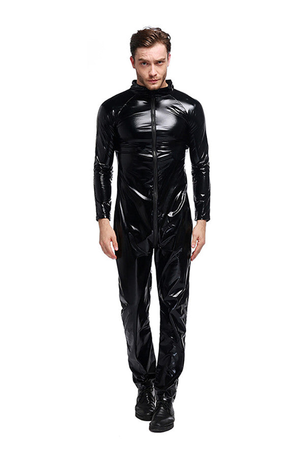 Patent Leather Jumpsuit Motorcycle Nightclub Halloween Men Costume Black