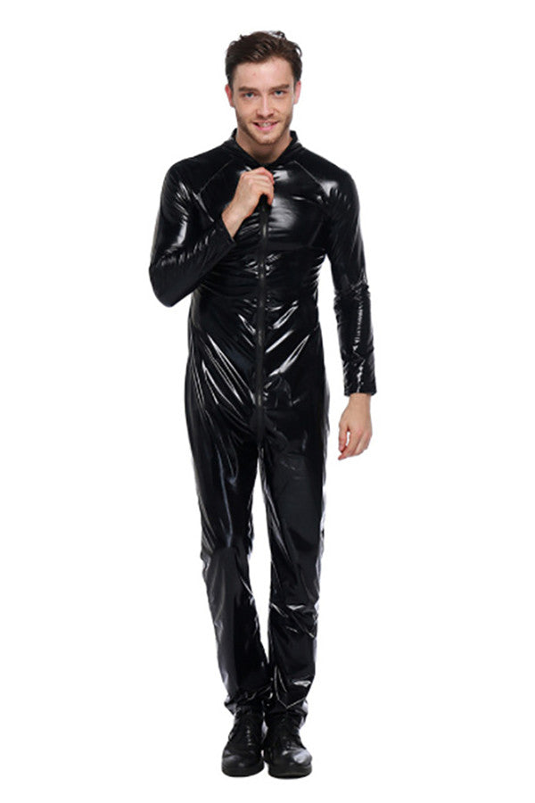 Patent Leather Jumpsuit Motorcycle Nightclub Halloween Men Costume Black