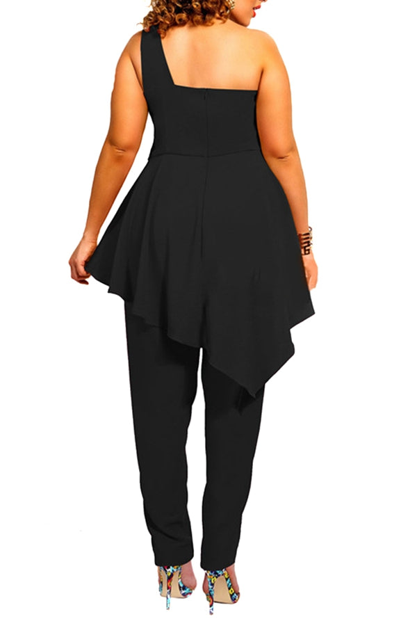 Black Chiffon Plus Size One Shoulder Peplum Jumpsuits For Women