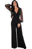 Black Mesh Long Sleeve V Neck High Waist Wide Leg Jumpsuits For Women