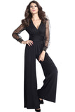 Black Mesh Long Sleeve V Neck High Waist Wide Leg Jumpsuits For Women