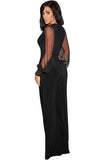 Black Mesh Long Sleeve V Neck High Waist Wide Leg Jumpsuits For Women