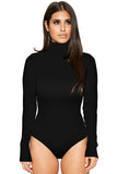 Womens Mock Neck Plain Long Sleeve Slimming Bodysuit Black