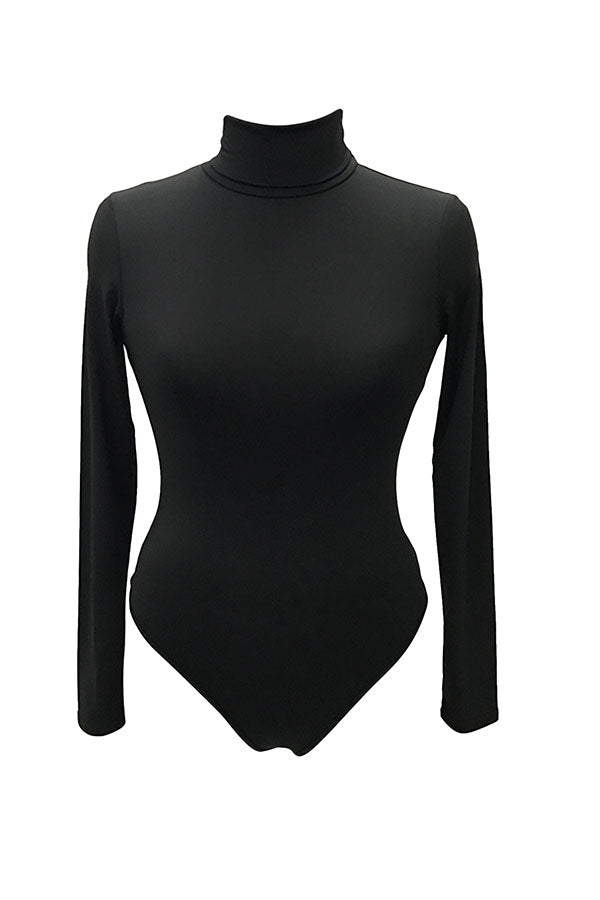 Womens Mock Neck Plain Long Sleeve Slimming Bodysuit Black