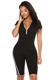 Zipper Front Hooded Short Sleeve Stripe Sides Plain Sports Romper Black