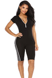 Zipper Front Hooded Short Sleeve Stripe Sides Plain Sports Romper Black