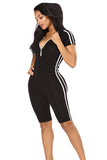 Zipper Front Hooded Short Sleeve Stripe Sides Plain Sports Romper Black